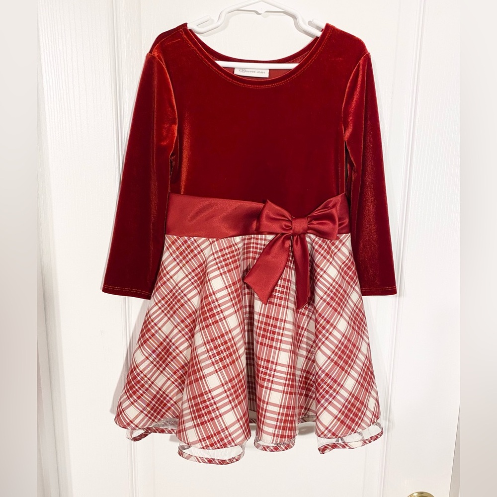 NEW Y2K Bonnie Jean Velvet & Metallic Plaid Fit & Flare Dress VTG Red White 6X